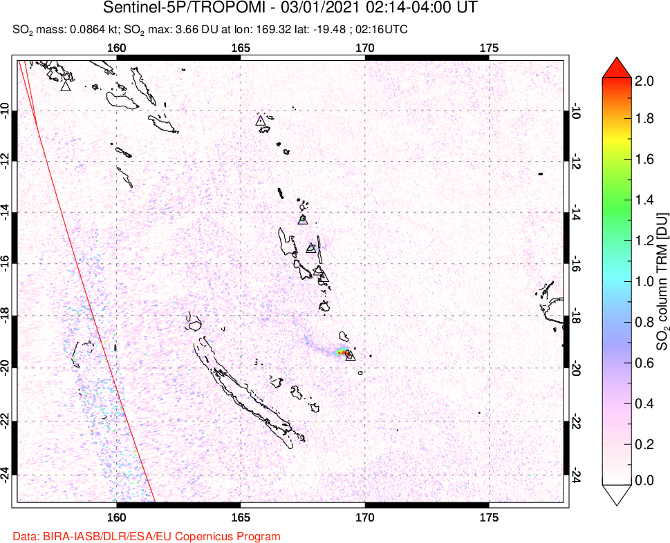 A sulfur dioxide image over Vanuatu, South Pacific on Mar 01, 2021.