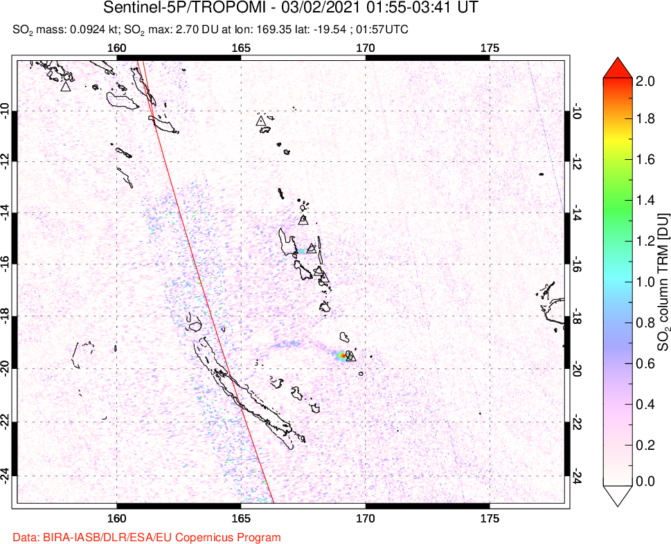 A sulfur dioxide image over Vanuatu, South Pacific on Mar 02, 2021.