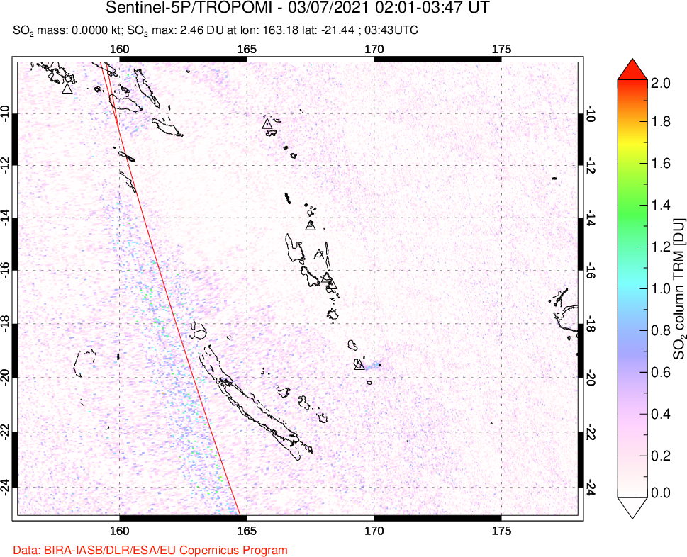 A sulfur dioxide image over Vanuatu, South Pacific on Mar 07, 2021.
