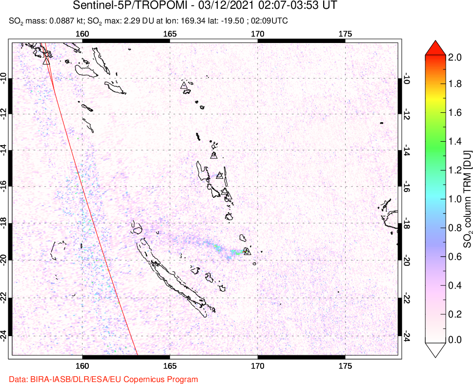 A sulfur dioxide image over Vanuatu, South Pacific on Mar 12, 2021.