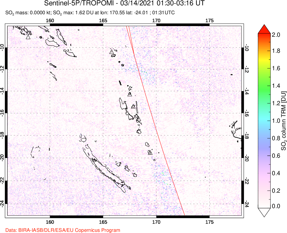 A sulfur dioxide image over Vanuatu, South Pacific on Mar 14, 2021.