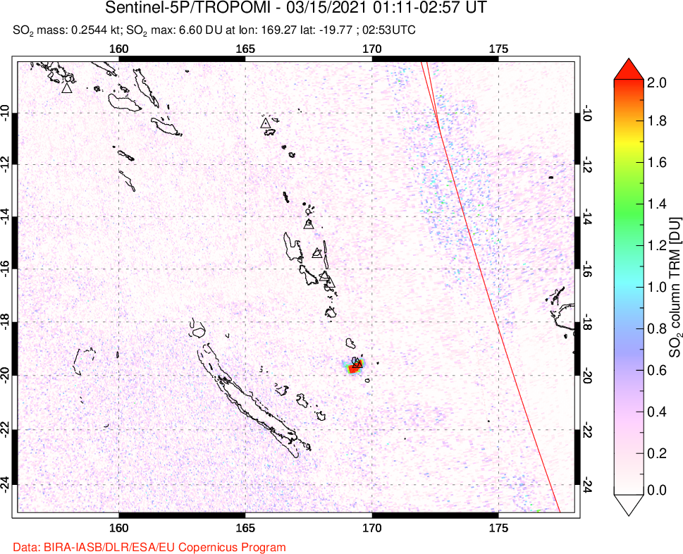 A sulfur dioxide image over Vanuatu, South Pacific on Mar 15, 2021.