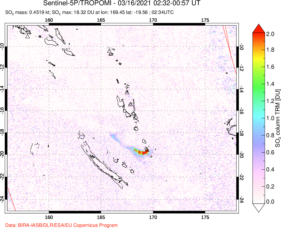 A sulfur dioxide image over Vanuatu, South Pacific on Mar 16, 2021.