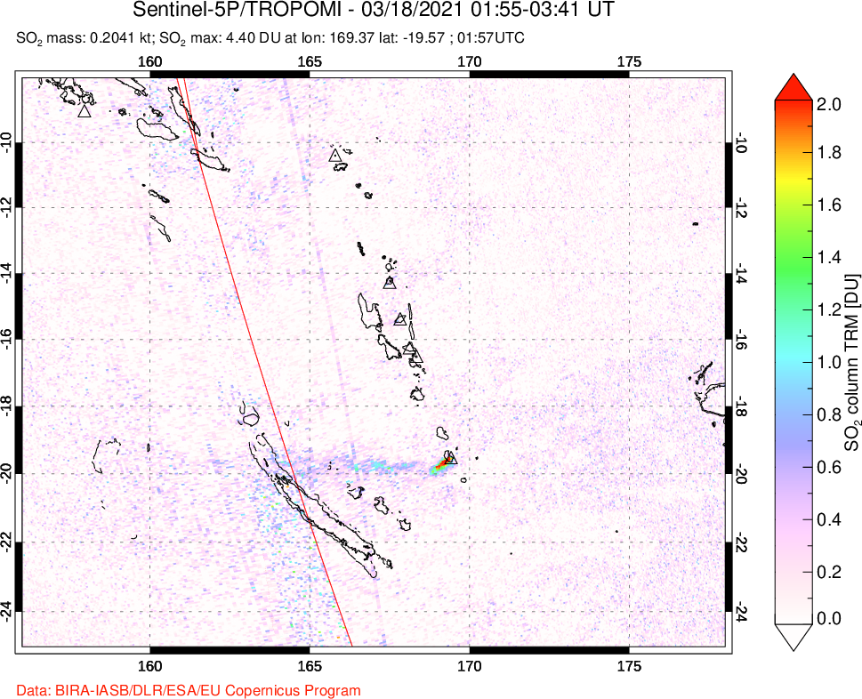 A sulfur dioxide image over Vanuatu, South Pacific on Mar 18, 2021.