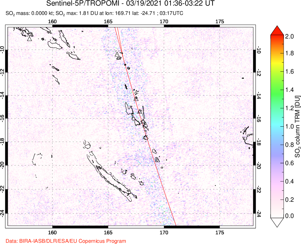 A sulfur dioxide image over Vanuatu, South Pacific on Mar 19, 2021.
