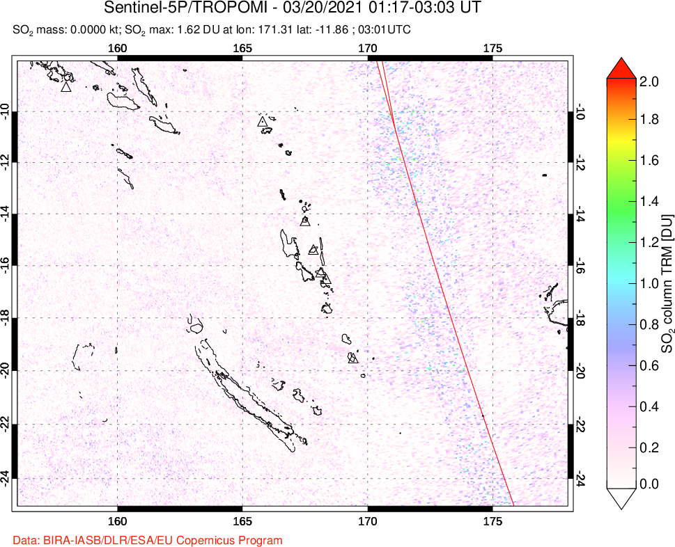 A sulfur dioxide image over Vanuatu, South Pacific on Mar 20, 2021.