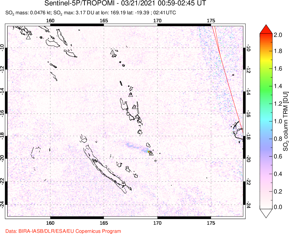A sulfur dioxide image over Vanuatu, South Pacific on Mar 21, 2021.