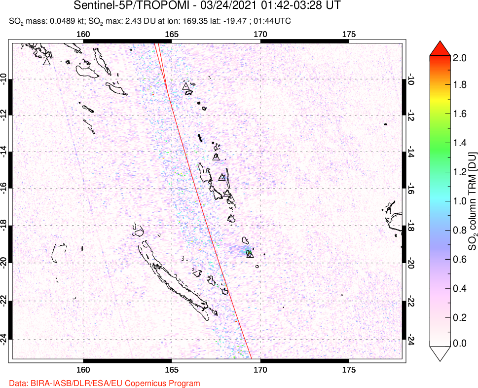 A sulfur dioxide image over Vanuatu, South Pacific on Mar 24, 2021.