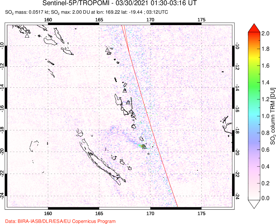 A sulfur dioxide image over Vanuatu, South Pacific on Mar 30, 2021.