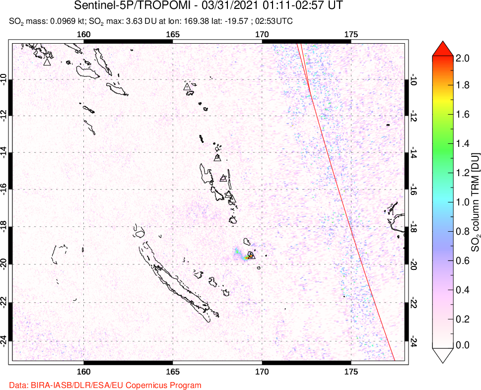 A sulfur dioxide image over Vanuatu, South Pacific on Mar 31, 2021.