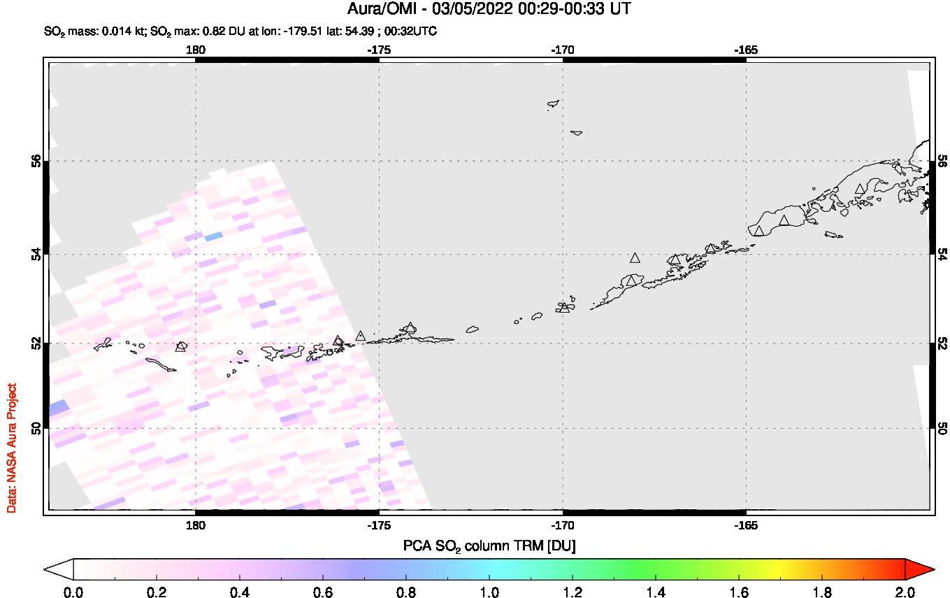 A sulfur dioxide image over Aleutian Islands, Alaska, USA on Mar 05, 2022.