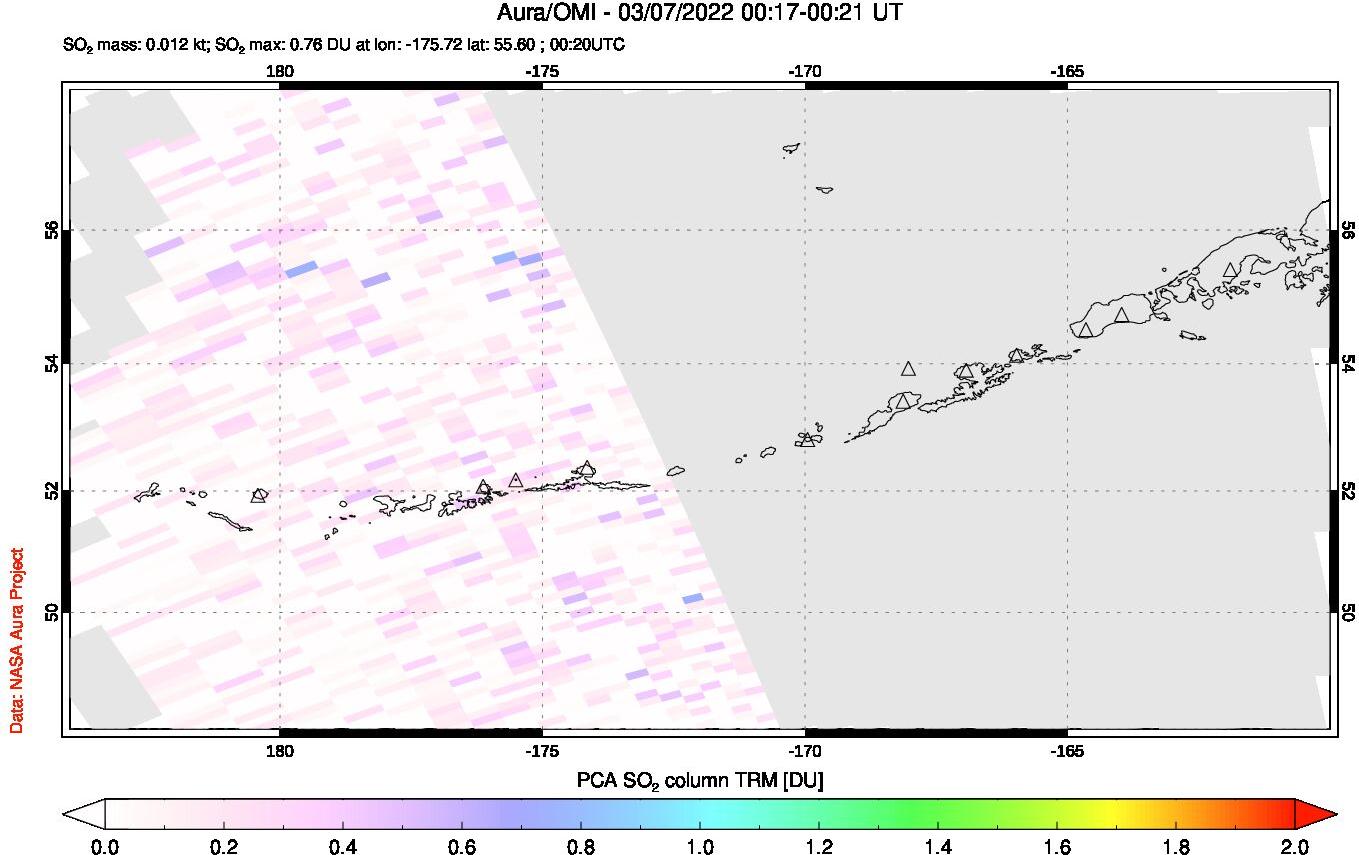 A sulfur dioxide image over Aleutian Islands, Alaska, USA on Mar 07, 2022.