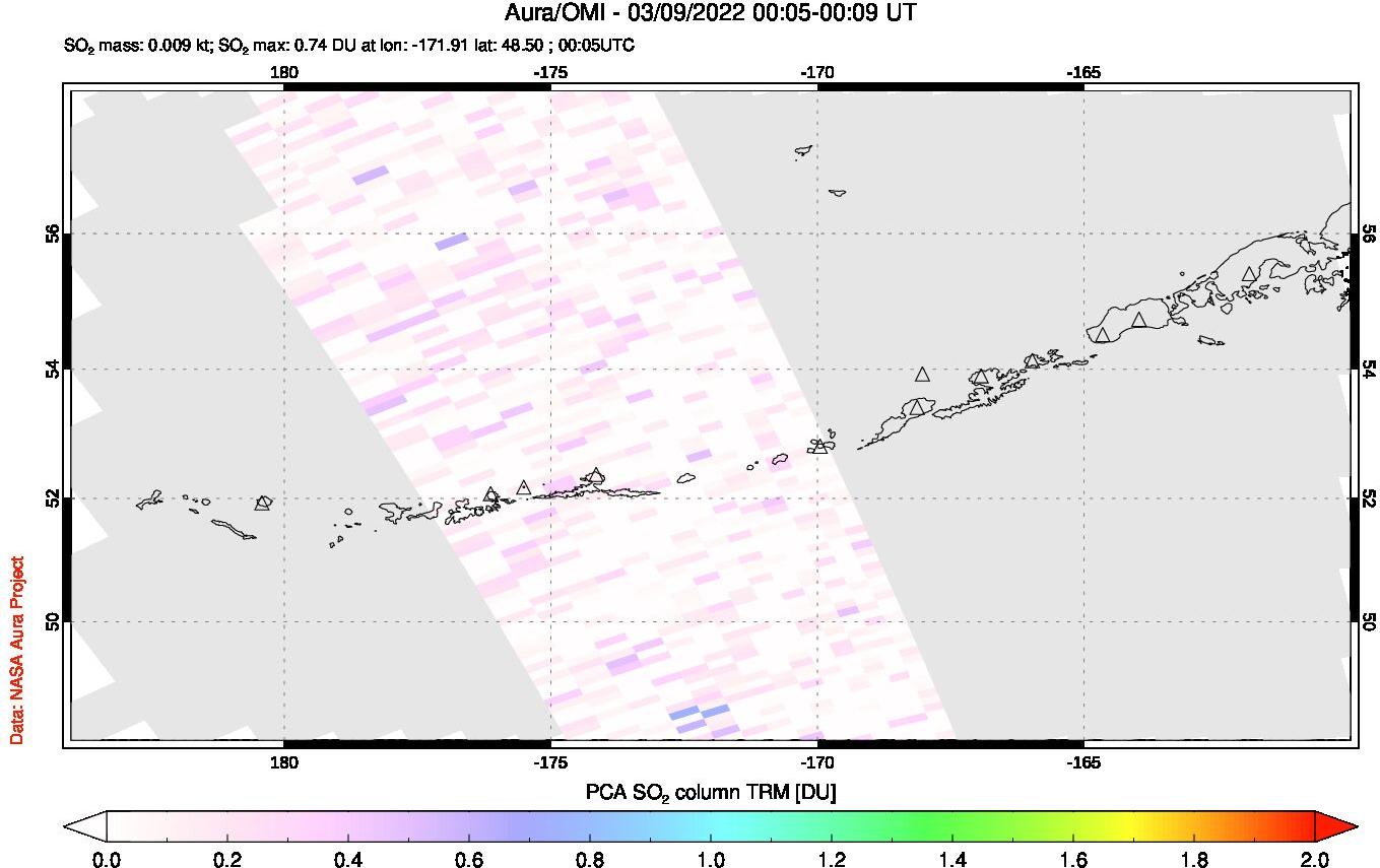 A sulfur dioxide image over Aleutian Islands, Alaska, USA on Mar 09, 2022.