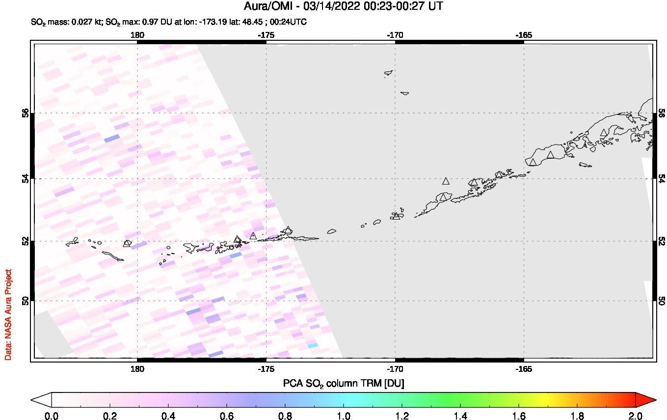 A sulfur dioxide image over Aleutian Islands, Alaska, USA on Mar 14, 2022.