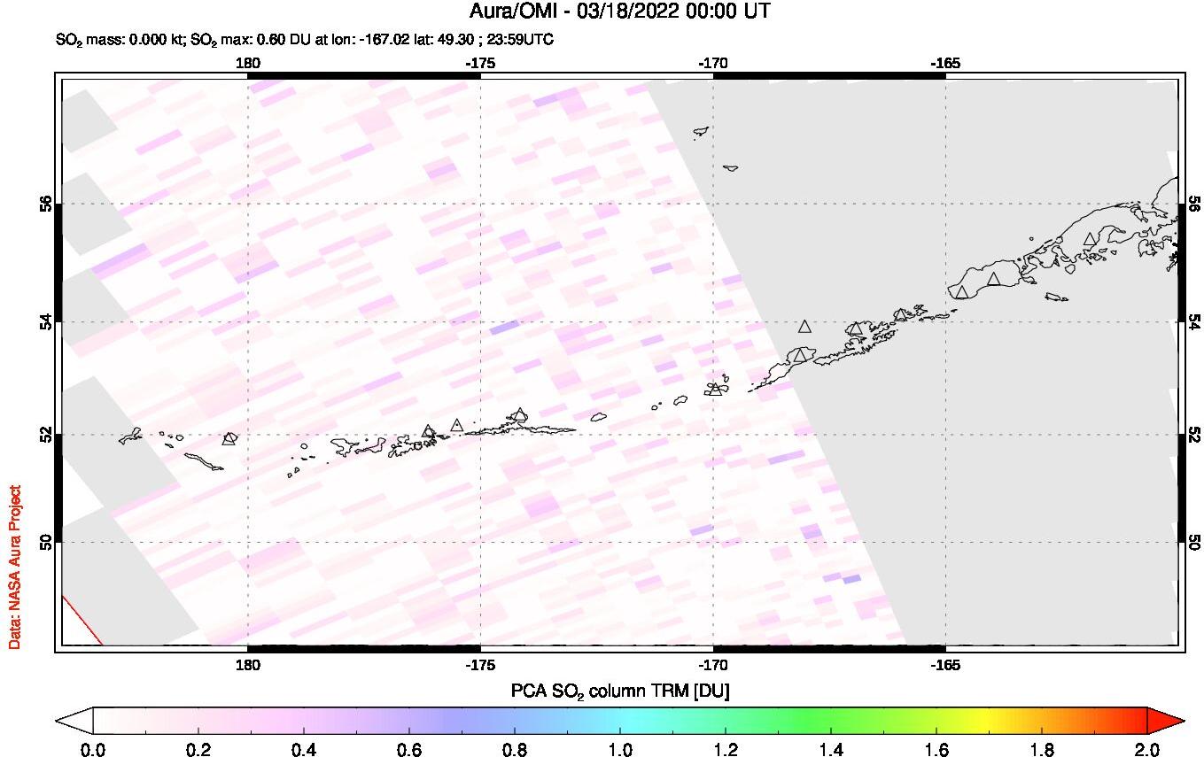 A sulfur dioxide image over Aleutian Islands, Alaska, USA on Mar 18, 2022.