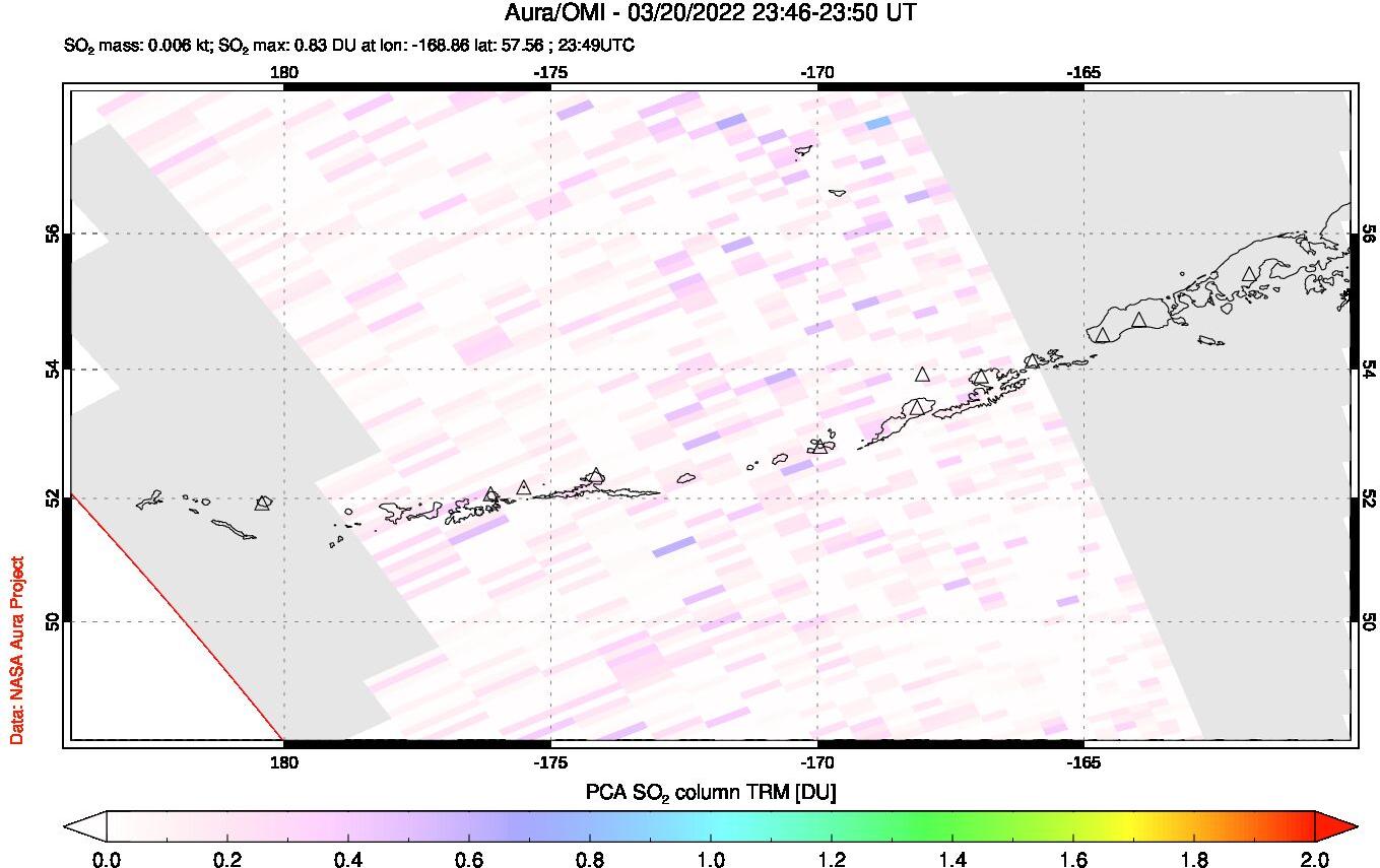 A sulfur dioxide image over Aleutian Islands, Alaska, USA on Mar 20, 2022.