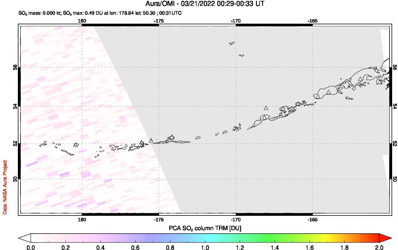 A sulfur dioxide image over Aleutian Islands, Alaska, USA on Mar 21, 2022.