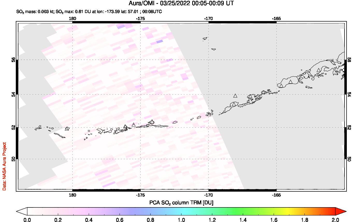 A sulfur dioxide image over Aleutian Islands, Alaska, USA on Mar 25, 2022.