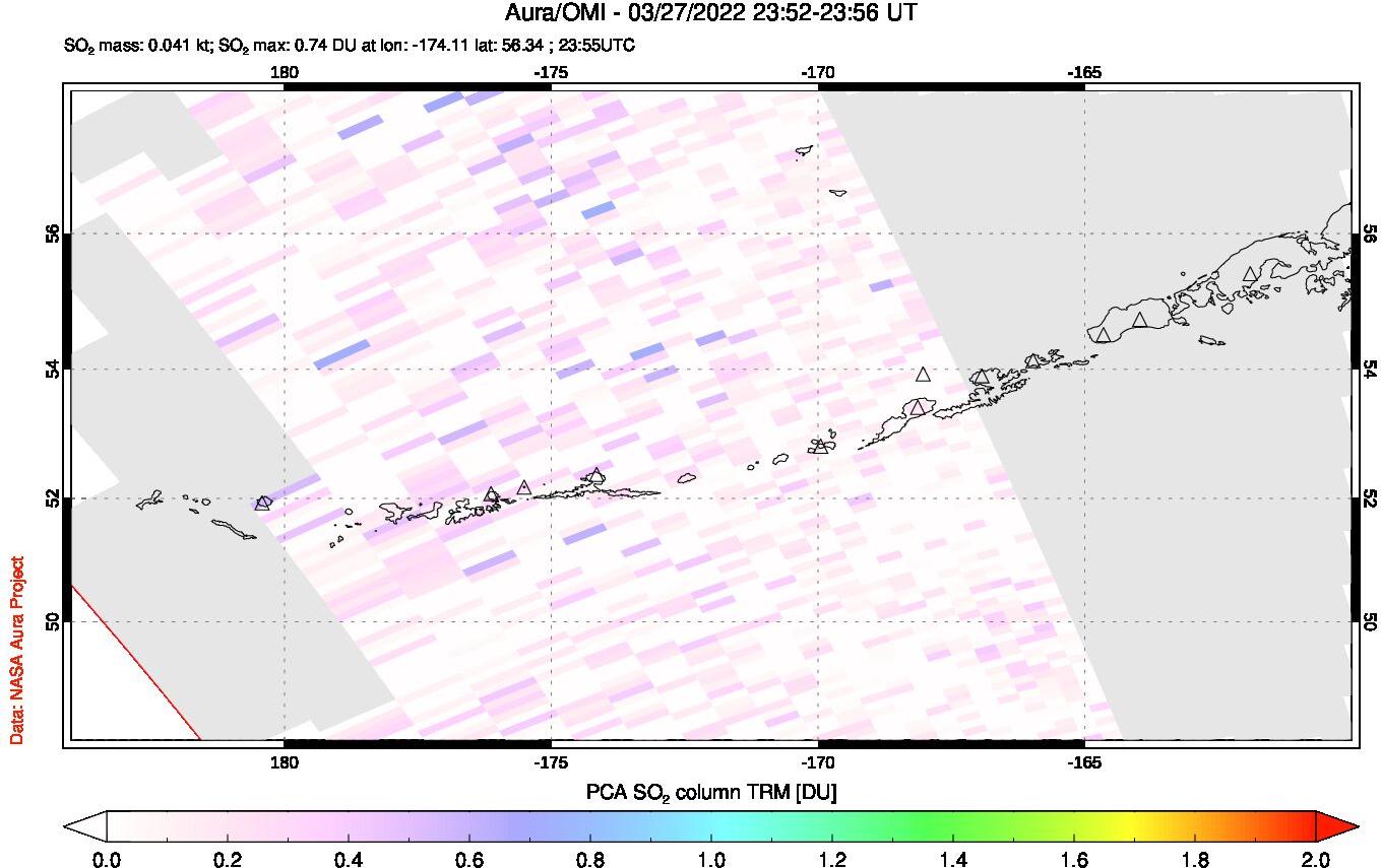 A sulfur dioxide image over Aleutian Islands, Alaska, USA on Mar 27, 2022.