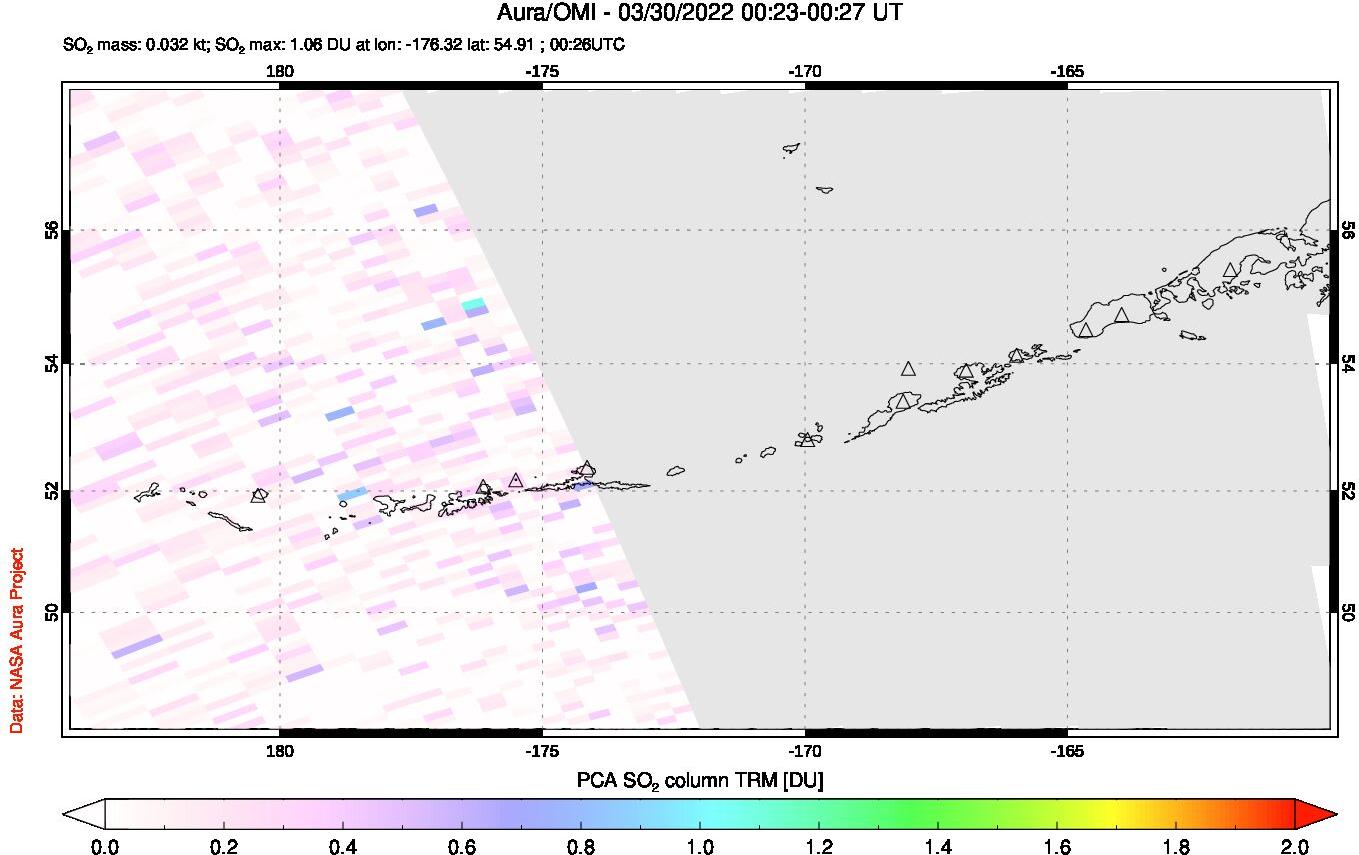 A sulfur dioxide image over Aleutian Islands, Alaska, USA on Mar 30, 2022.