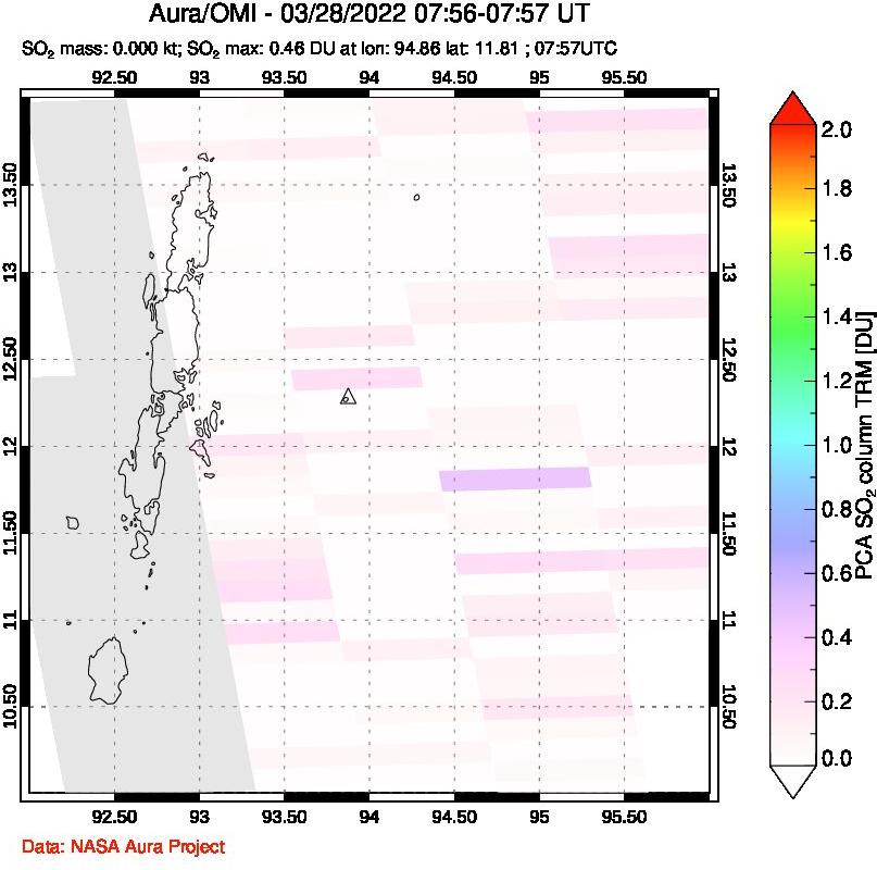 A sulfur dioxide image over Andaman Islands, Indian Ocean on Mar 28, 2022.