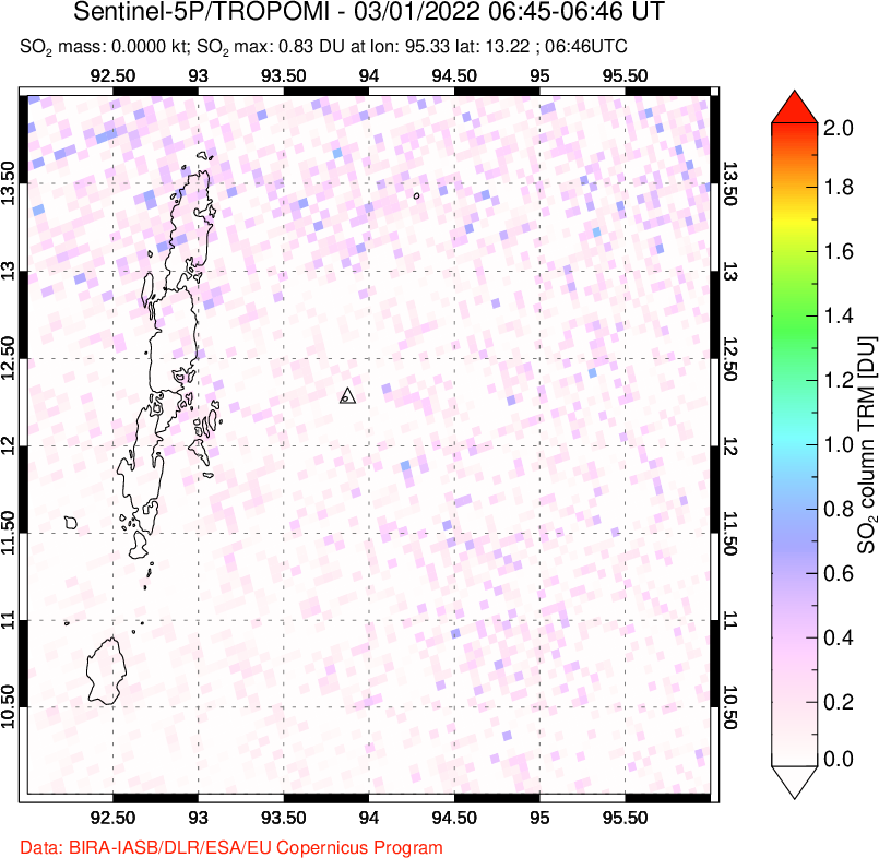 A sulfur dioxide image over Andaman Islands, Indian Ocean on Mar 01, 2022.