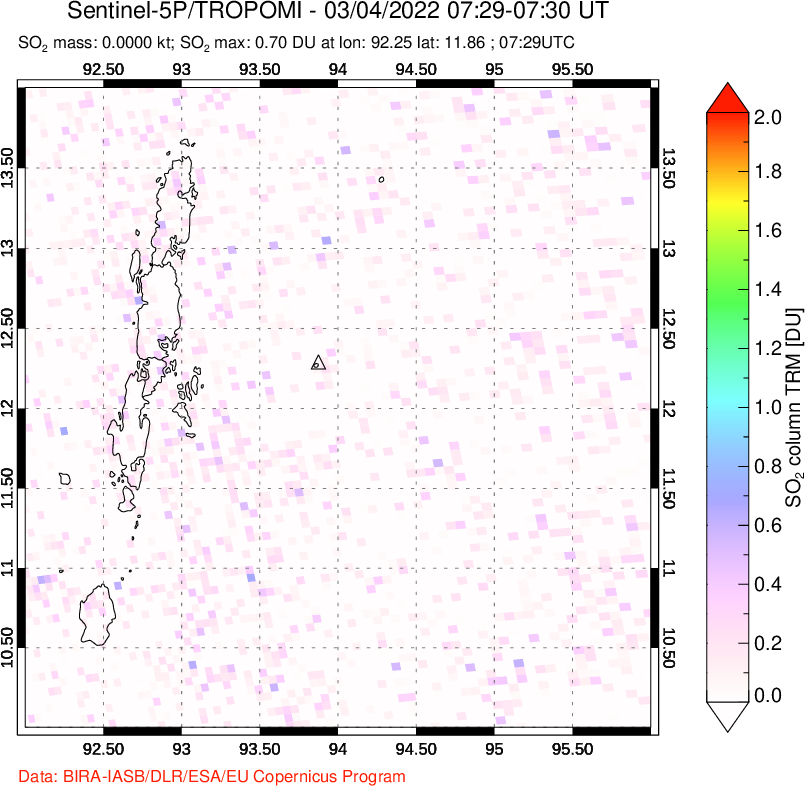 A sulfur dioxide image over Andaman Islands, Indian Ocean on Mar 04, 2022.