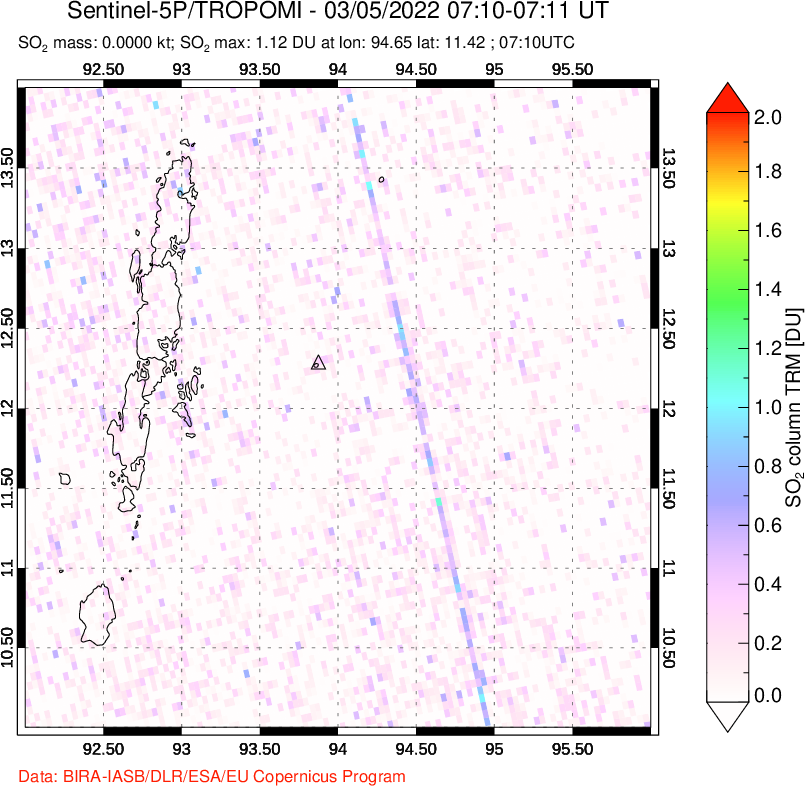 A sulfur dioxide image over Andaman Islands, Indian Ocean on Mar 05, 2022.
