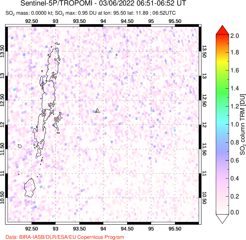 A sulfur dioxide image over Andaman Islands, Indian Ocean on Mar 06, 2022.