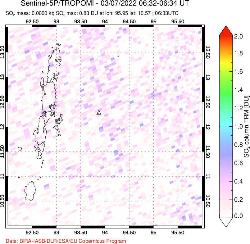 A sulfur dioxide image over Andaman Islands, Indian Ocean on Mar 07, 2022.