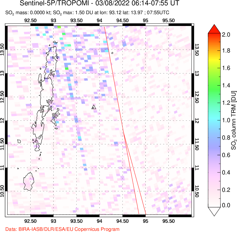 A sulfur dioxide image over Andaman Islands, Indian Ocean on Mar 08, 2022.