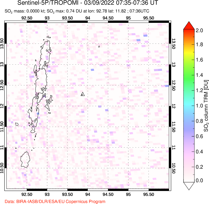 A sulfur dioxide image over Andaman Islands, Indian Ocean on Mar 09, 2022.