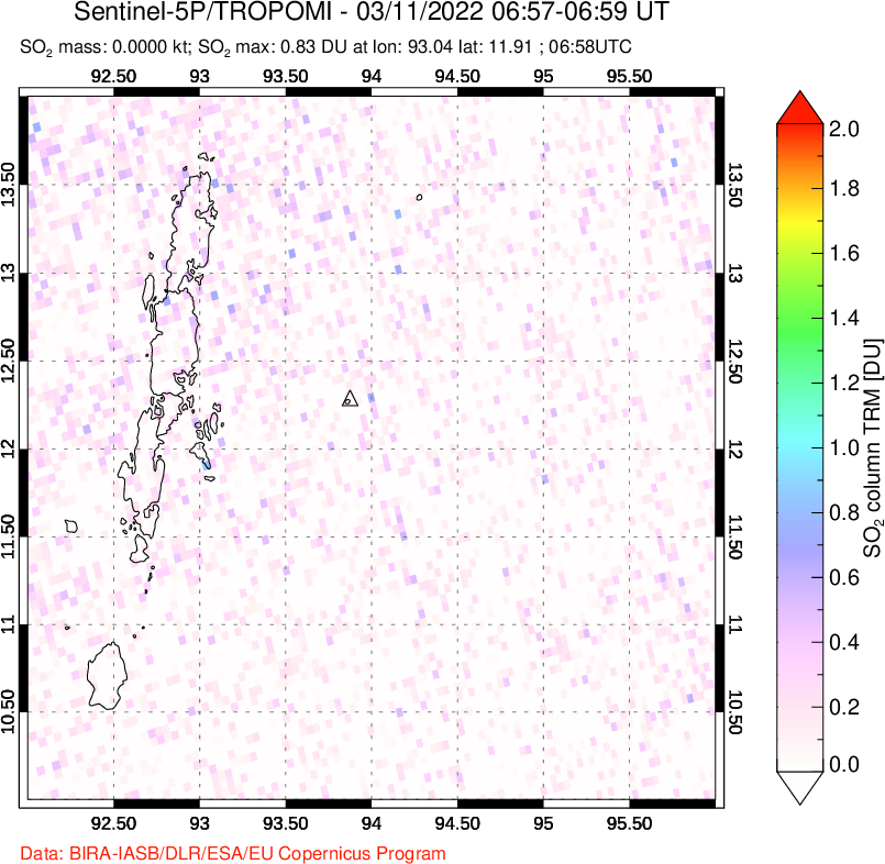 A sulfur dioxide image over Andaman Islands, Indian Ocean on Mar 11, 2022.