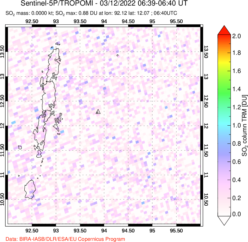 A sulfur dioxide image over Andaman Islands, Indian Ocean on Mar 12, 2022.
