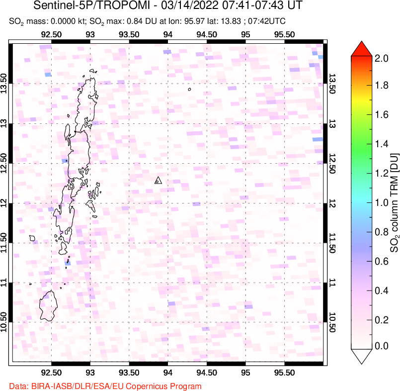 A sulfur dioxide image over Andaman Islands, Indian Ocean on Mar 14, 2022.