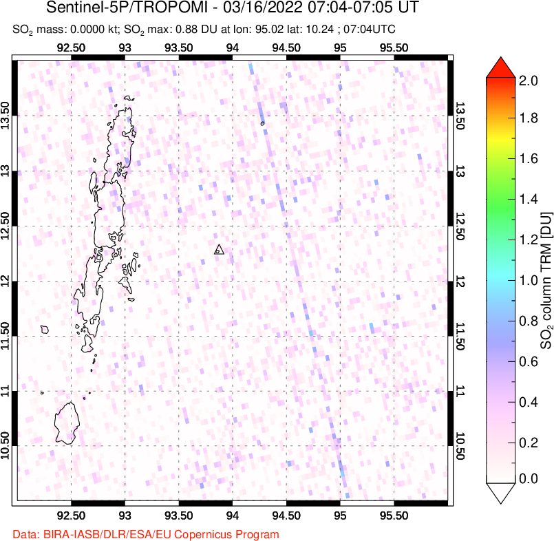 A sulfur dioxide image over Andaman Islands, Indian Ocean on Mar 16, 2022.