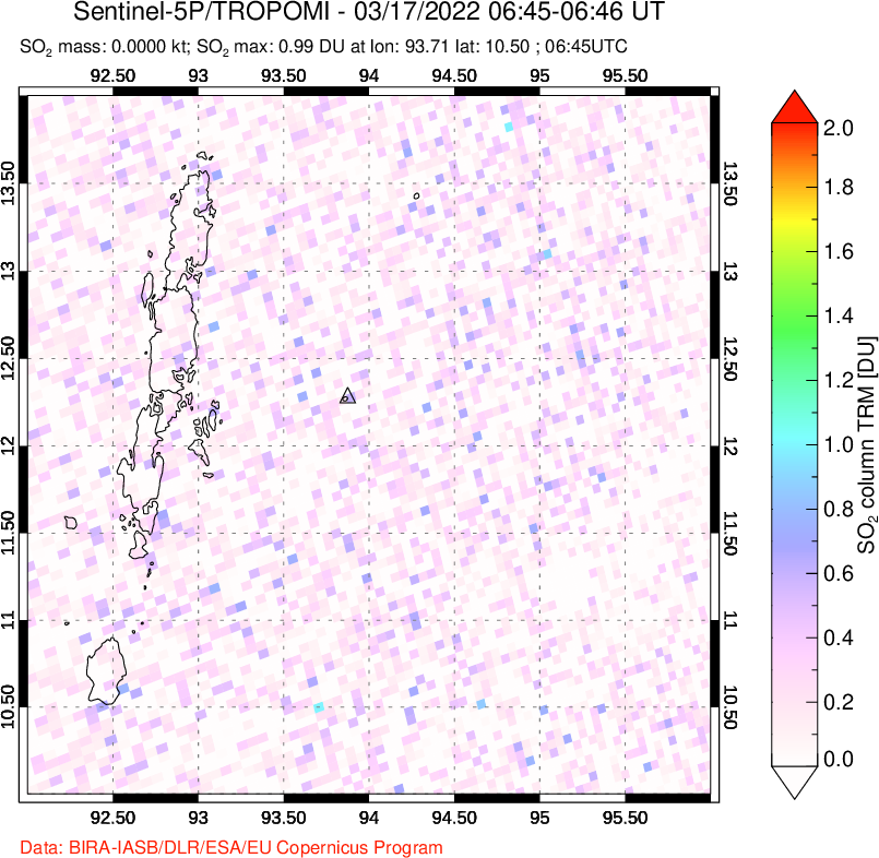 A sulfur dioxide image over Andaman Islands, Indian Ocean on Mar 17, 2022.