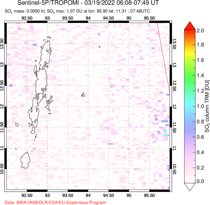 A sulfur dioxide image over Andaman Islands, Indian Ocean on Mar 19, 2022.