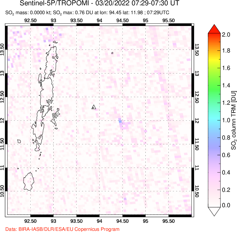 A sulfur dioxide image over Andaman Islands, Indian Ocean on Mar 20, 2022.