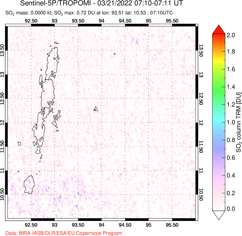 A sulfur dioxide image over Andaman Islands, Indian Ocean on Mar 21, 2022.