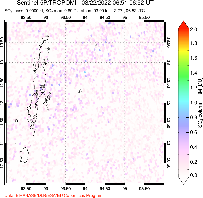 A sulfur dioxide image over Andaman Islands, Indian Ocean on Mar 22, 2022.