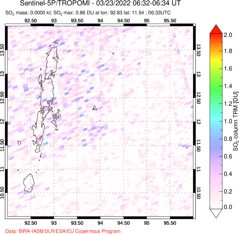 A sulfur dioxide image over Andaman Islands, Indian Ocean on Mar 23, 2022.
