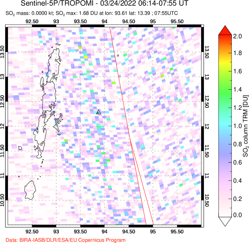 A sulfur dioxide image over Andaman Islands, Indian Ocean on Mar 24, 2022.