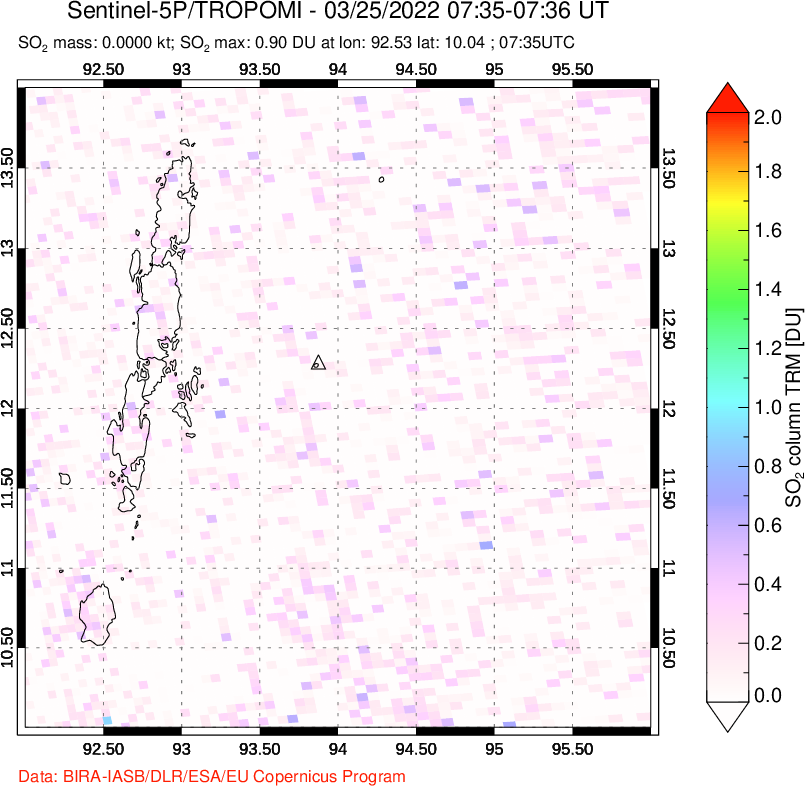 A sulfur dioxide image over Andaman Islands, Indian Ocean on Mar 25, 2022.