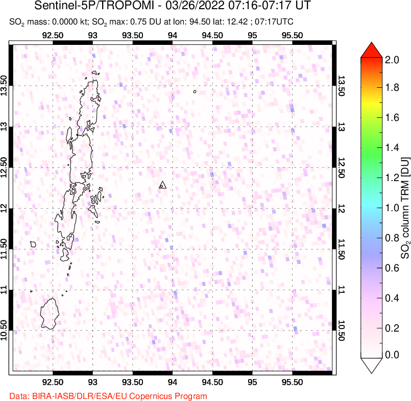 A sulfur dioxide image over Andaman Islands, Indian Ocean on Mar 26, 2022.