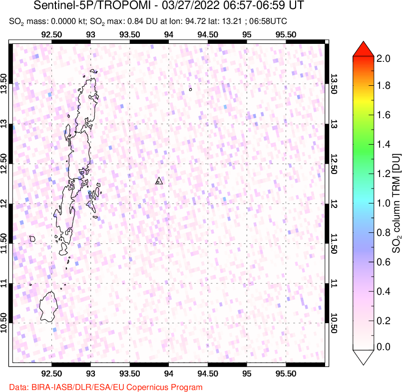 A sulfur dioxide image over Andaman Islands, Indian Ocean on Mar 27, 2022.