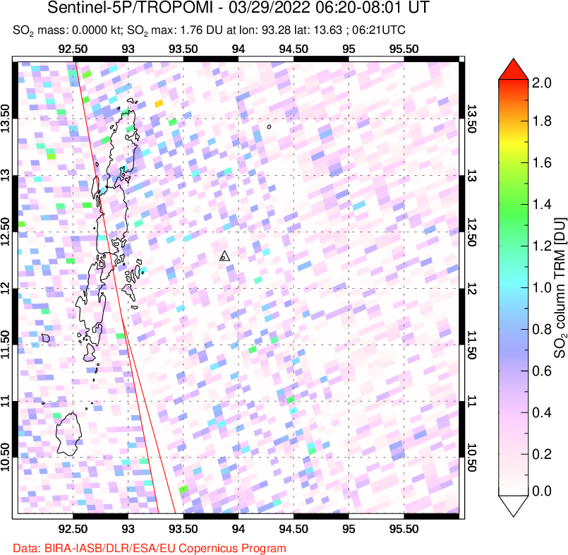 A sulfur dioxide image over Andaman Islands, Indian Ocean on Mar 29, 2022.