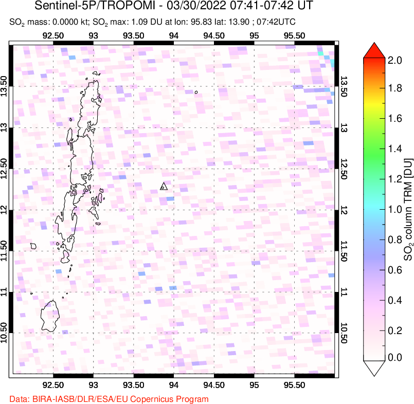 A sulfur dioxide image over Andaman Islands, Indian Ocean on Mar 30, 2022.