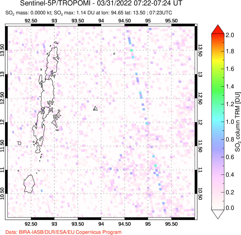 A sulfur dioxide image over Andaman Islands, Indian Ocean on Mar 31, 2022.