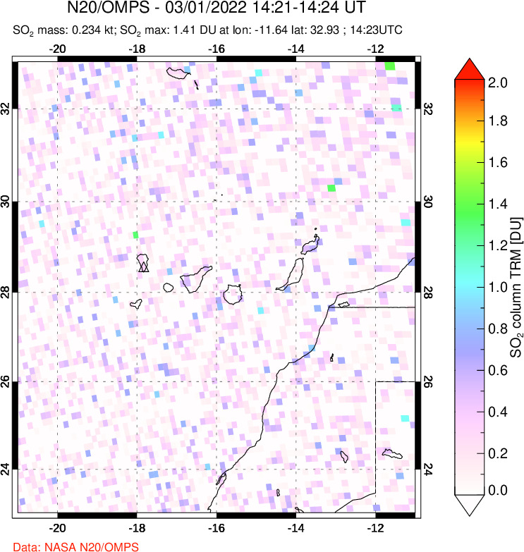 A sulfur dioxide image over Canary Islands on Mar 01, 2022.